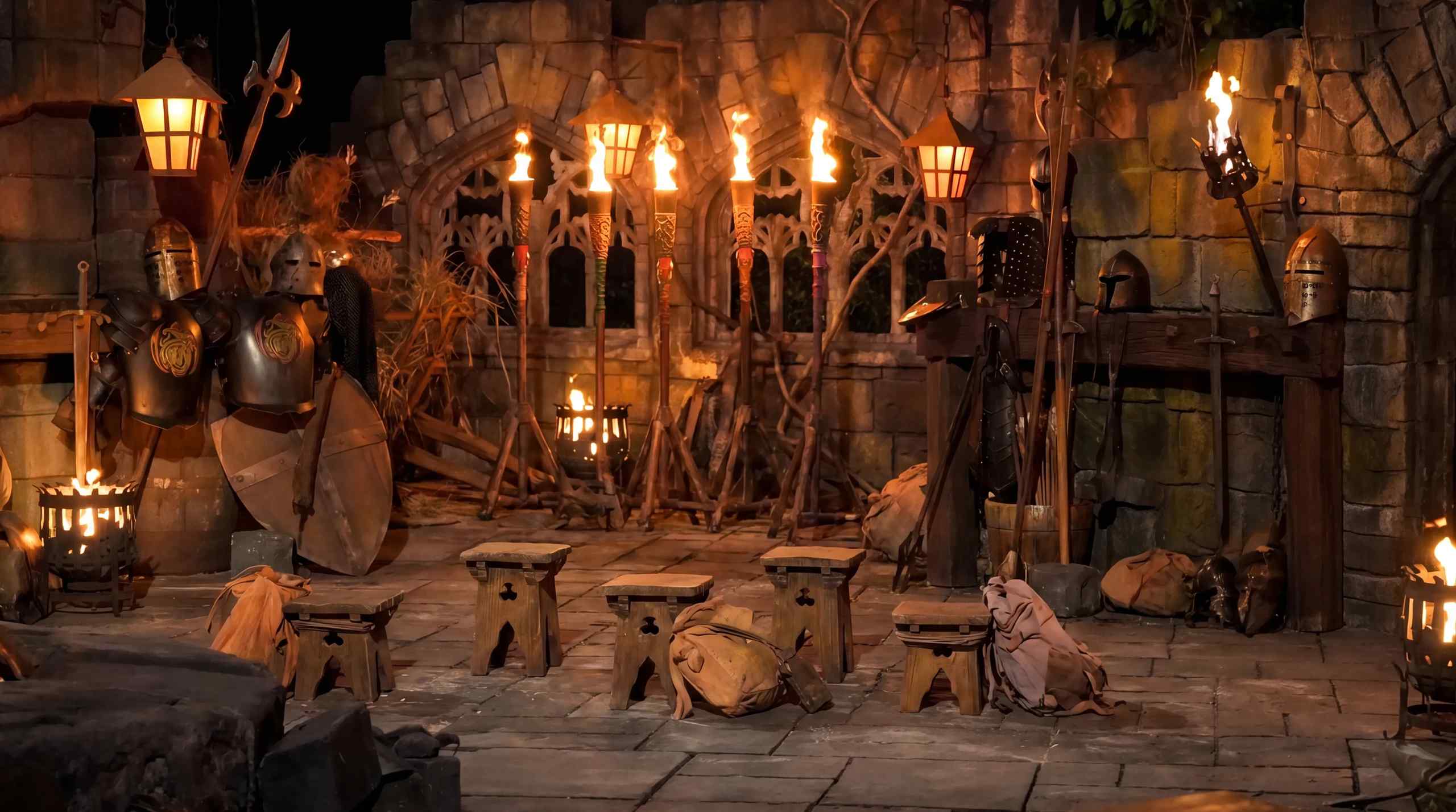 An image of an empty tribal council set from Survivor.
